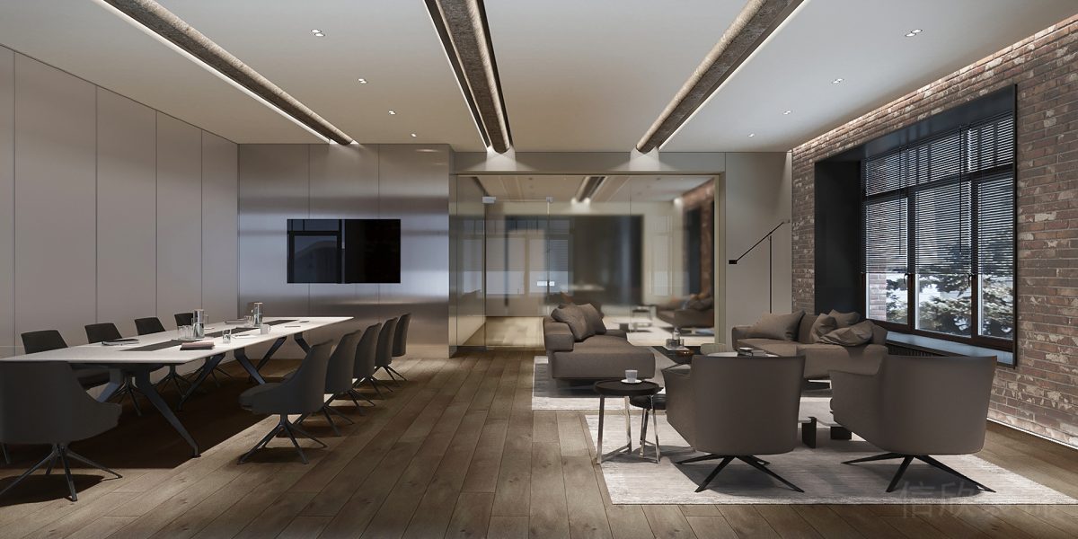 木飾面復(fù)古紅墻辦公室裝修大廳效果會(huì)議室洽談區(qū)直線式燈帶效果