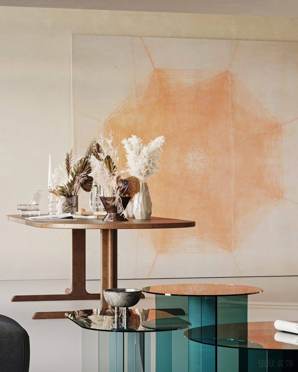 木質(zhì)北歐風工作桌洽談區(qū)設計效果玻璃圓桌辦公室設計