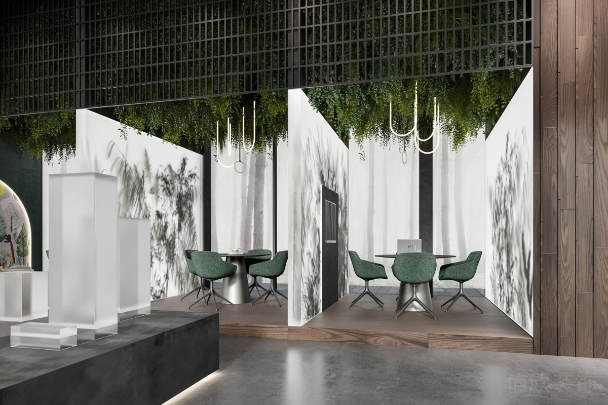 木質(zhì)地板效果地臺(tái)鏤空水墨畫效果燈飾設(shè)計(jì)裝修綠色沙發(fā)效果