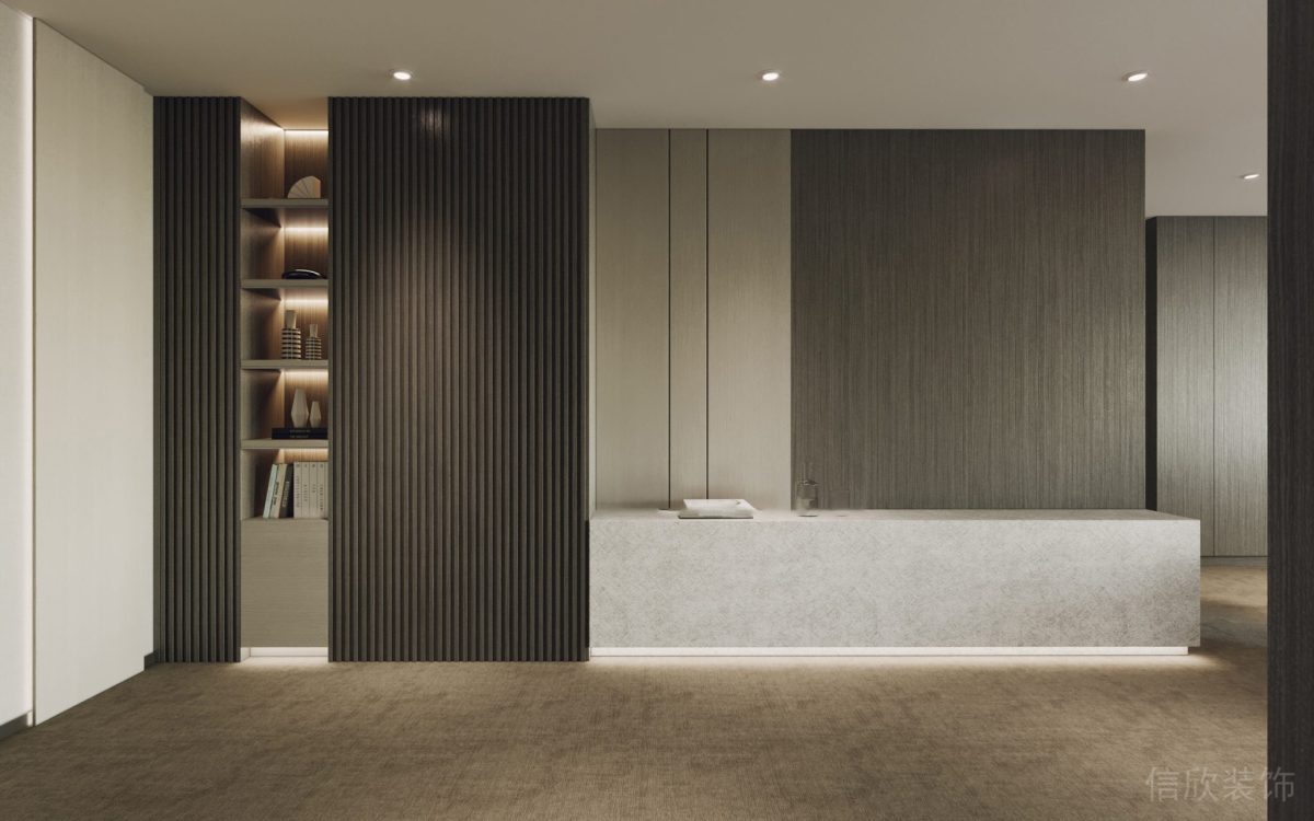 內(nèi)嵌式燈帶收納書柜效果腳燈直線式大理石長桌前臺(tái)區(qū)裝修圖