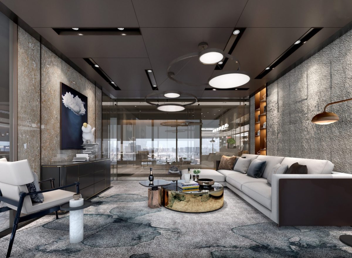 輕奢風辦公室裝修大理石地板效果休息區(qū)沙發(fā)裝修圖