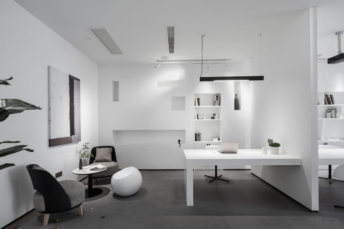 洽談區(qū)辦公室裝修黑白色調(diào)設計書桌效果工作區(qū)裝修