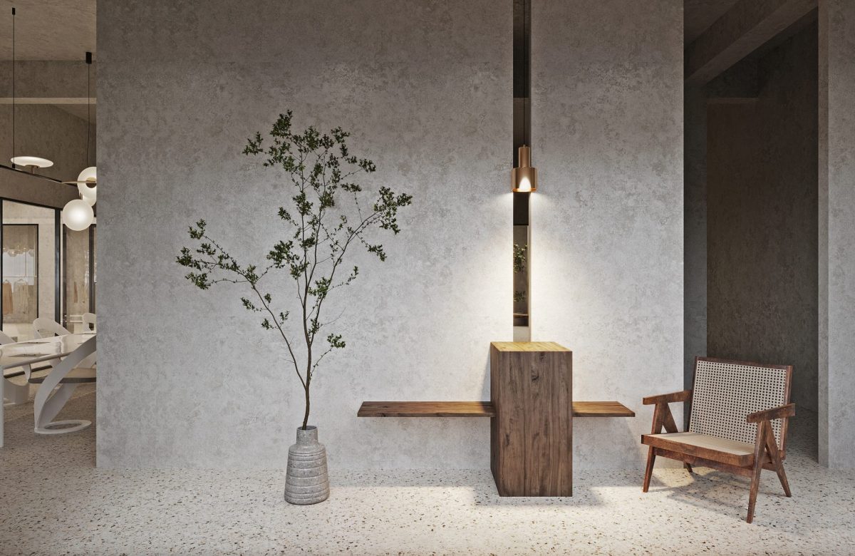 日式過道休息區(qū)木質(zhì)茶幾設計墻體鏤空裝修辦公室