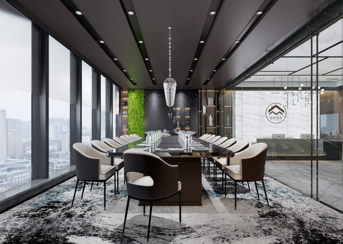 水磨石地板中國(guó)畫效果會(huì)議室設(shè)計(jì)玻璃隔斷裝修天花水晶吊頂