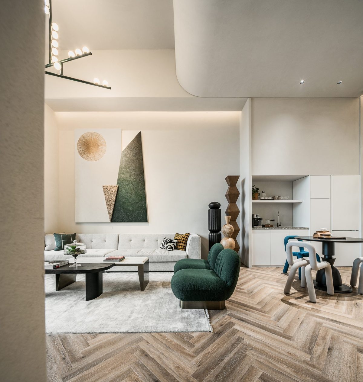 天花燈飾設(shè)計(jì)效果木質(zhì)地板裝修綠色沙發(fā)座椅效果圖辦公室