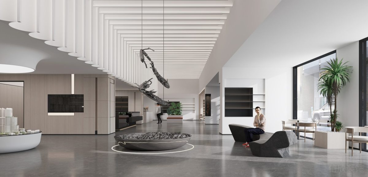 天花藝術感吊頂設計圓形設計休息區設計玻璃隔斷效果木質墻體辦公室