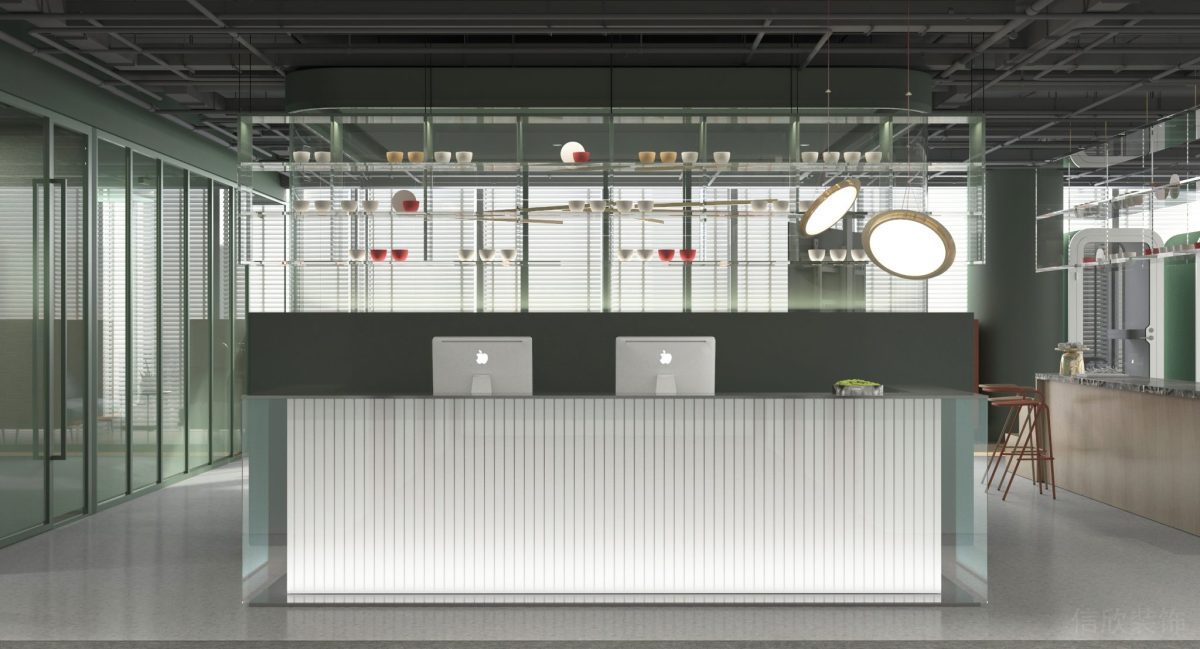 條紋白色燈飾效果前臺區工作臺裝修辦公室設計綠色裝修