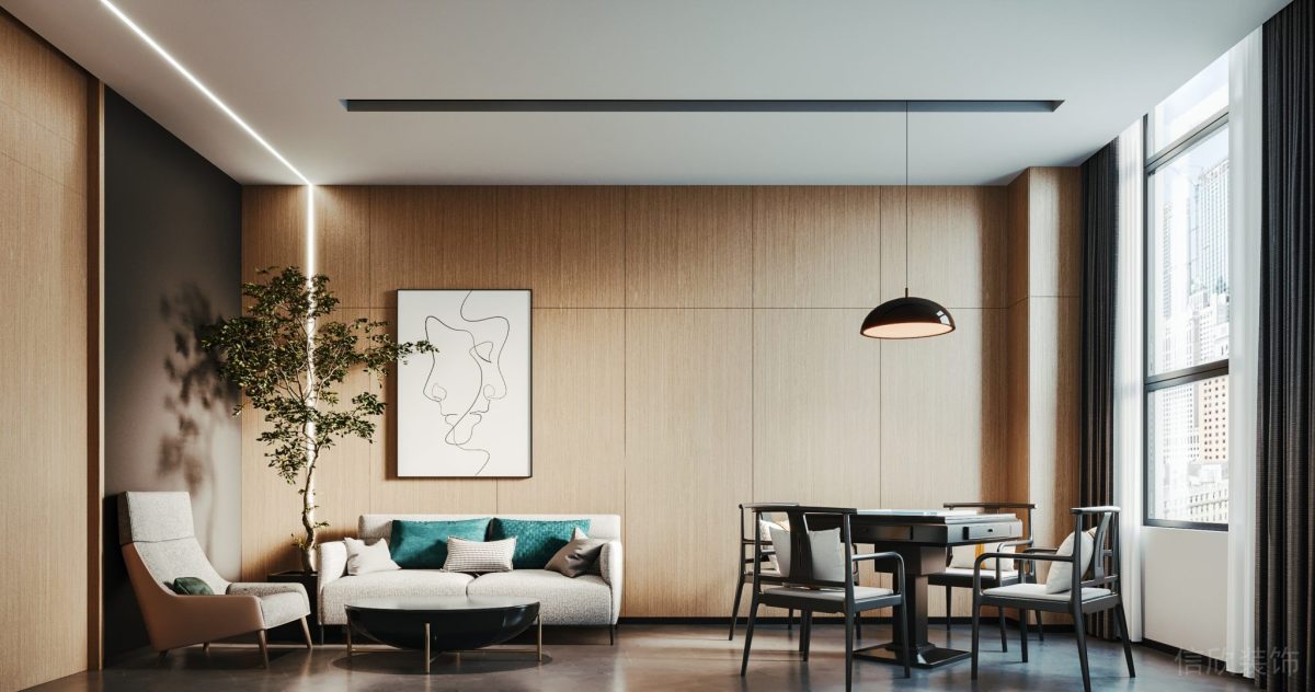 現代簡約風辦公室木飾面墻體隔斷效果休息區(qū)裝修