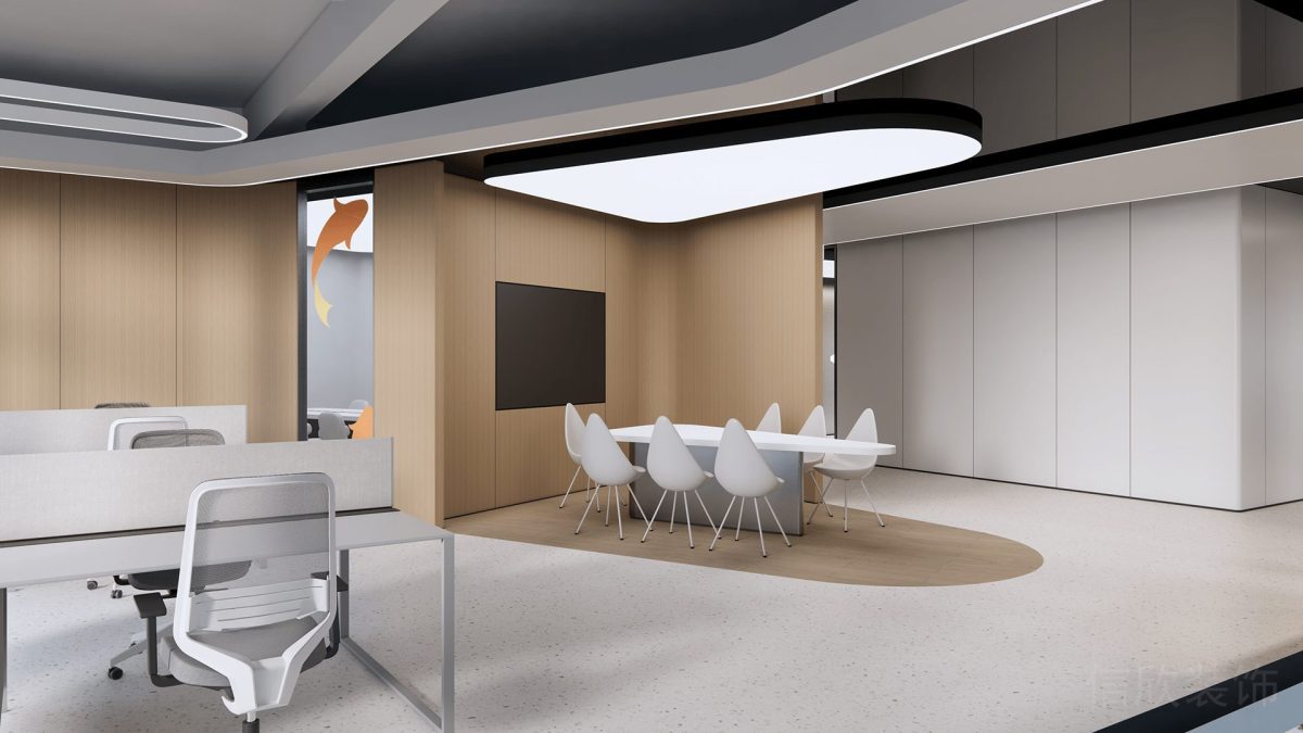 現(xiàn)代簡(jiǎn)約風(fēng)原木風(fēng)辦公室裝修開放式會(huì)議室裝修簡(jiǎn)約風(fēng)藝術(shù)感白色座椅設(shè)計(jì)