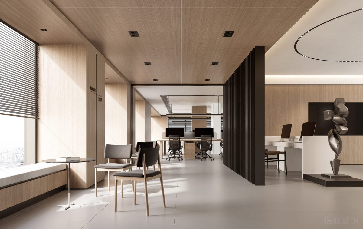 現(xiàn)代商務風辦公室裝修設計過道洽談區(qū)簡約風飄窗設計木質(zhì)效果