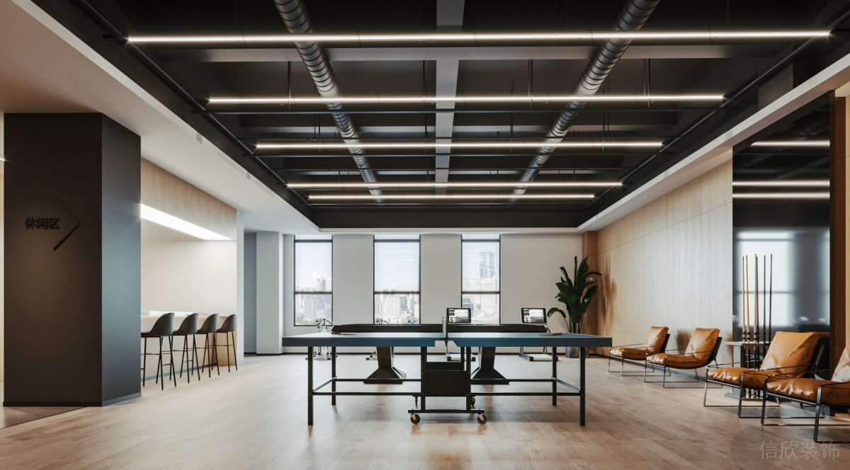 員工休息區(qū)裝修設計工業(yè)風辦公室裝修皮革沙發(fā)休息區(qū)木飾面地板效果