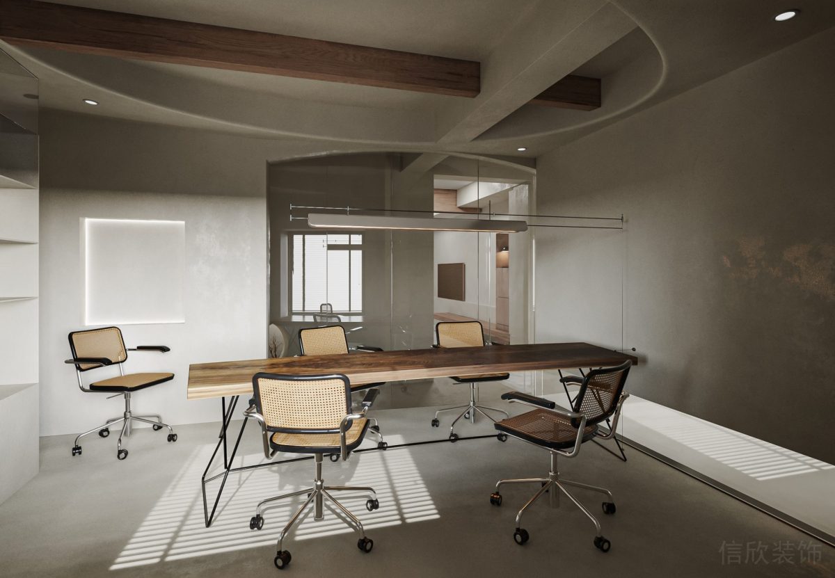 原木極簡(jiǎn)風(fēng)商務(wù)風(fēng)桌椅設(shè)計(jì)灰色墻壁天花板裝修辦公室會(huì)議室裝修效果圖