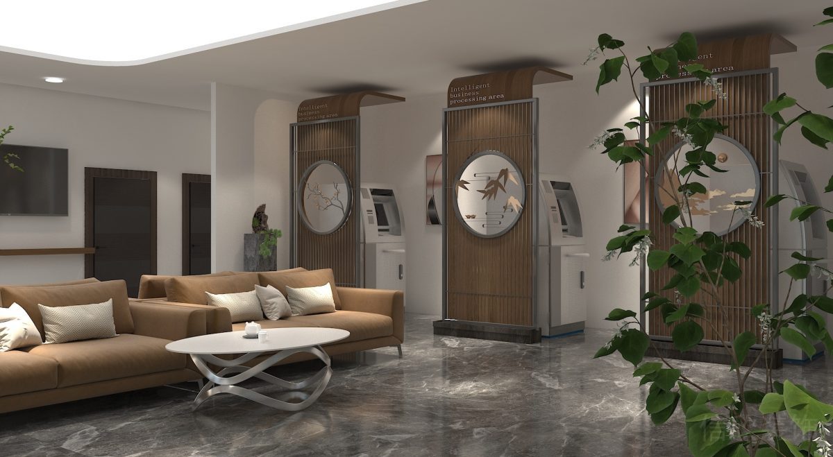 棕色真皮沙發(fā)辦公室裝修獨立木飾面銀行柜臺自助設計效果