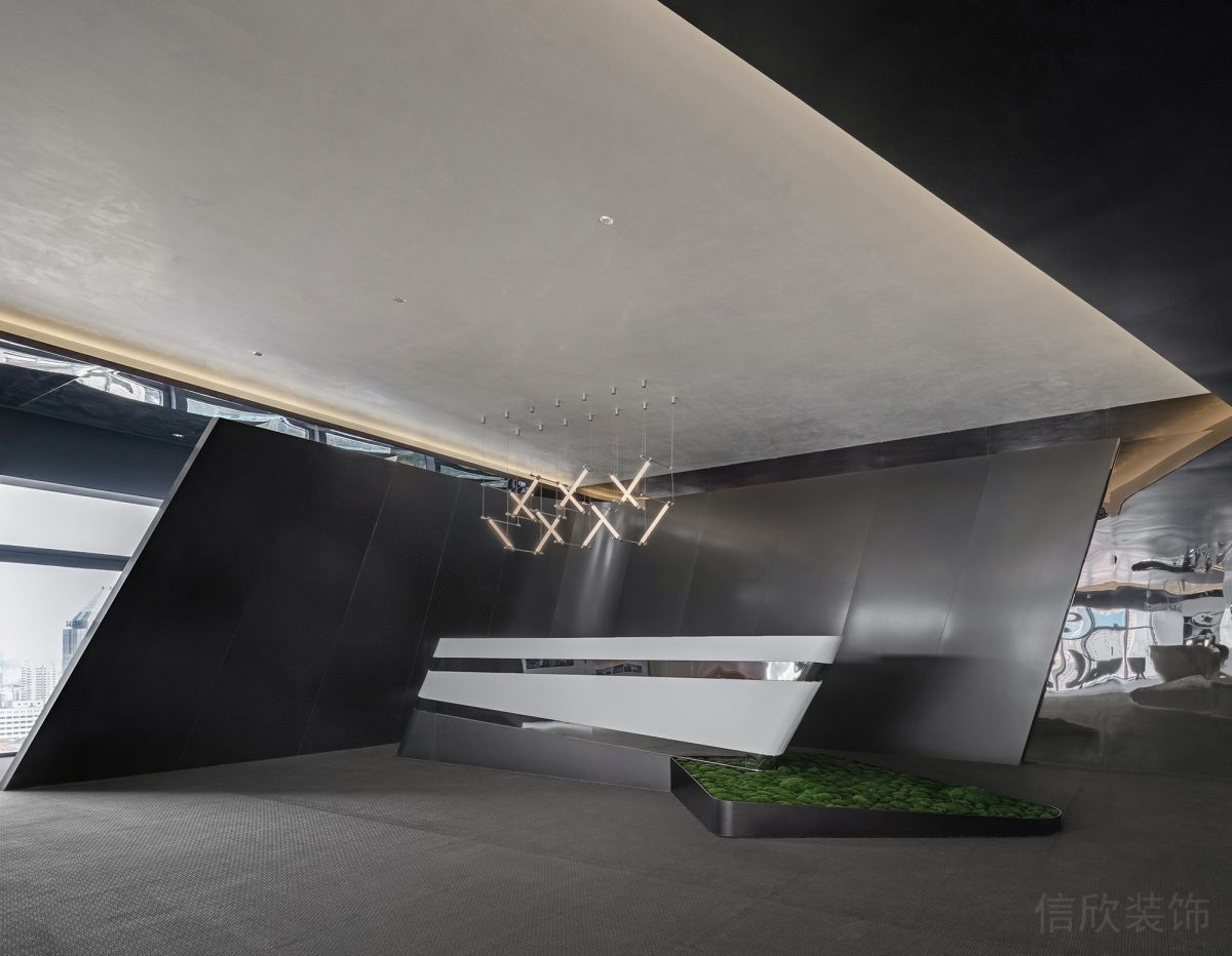 黑色設(shè)計前臺區(qū)裝修效果直線式長桌裝修深圳辦公室設(shè)計