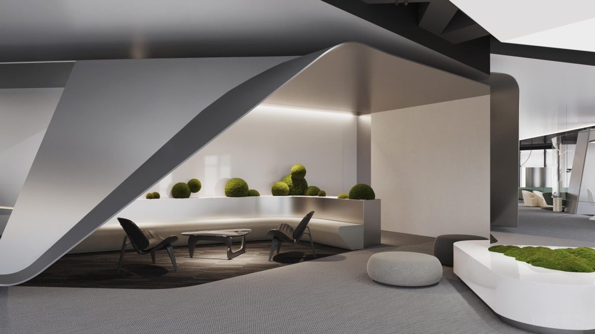 弧線設(shè)計裝修金屬效果弧線休息區(qū)效果工作室裝修微景觀效果