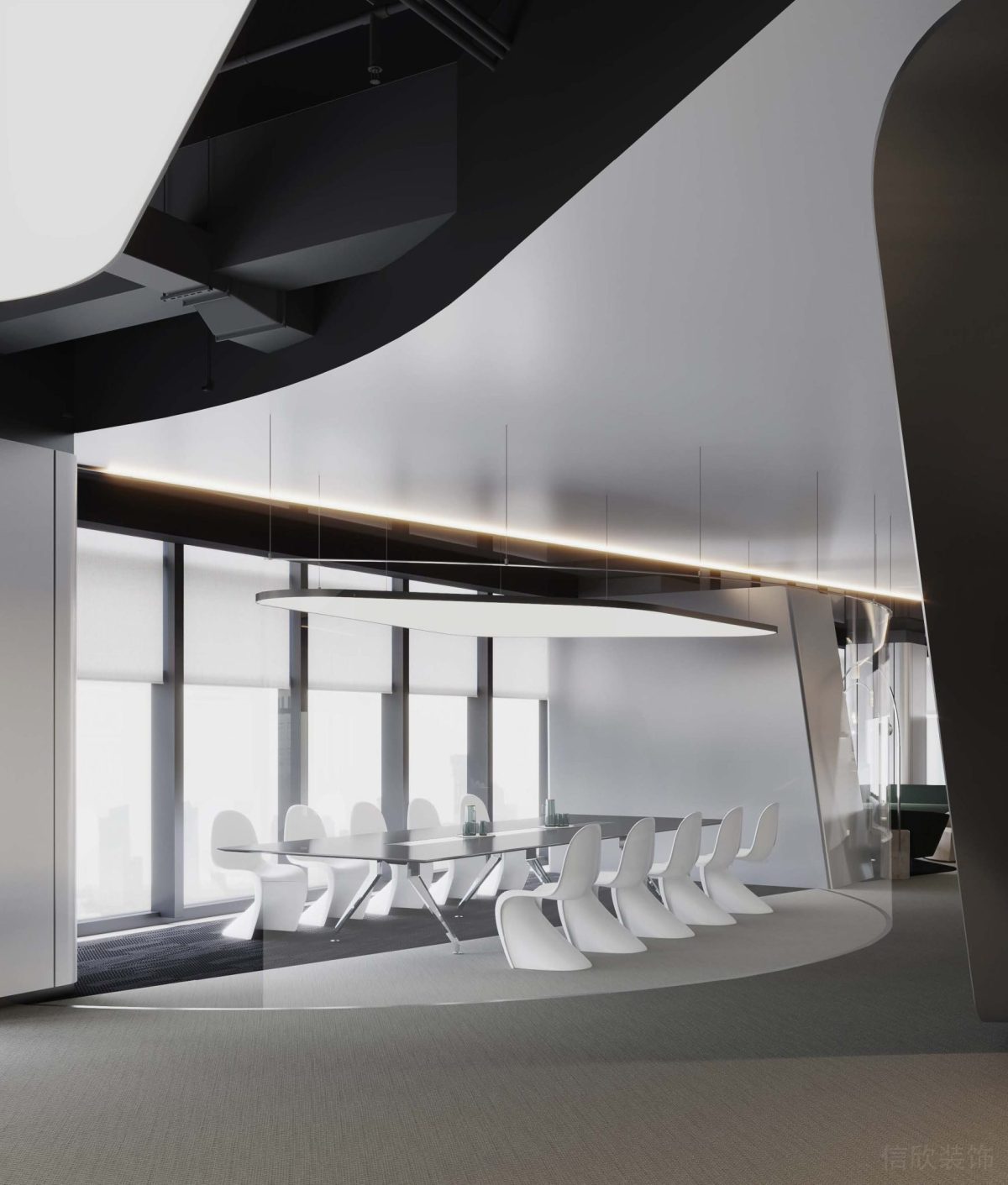 會議室裝修設(shè)計現(xiàn)代極簡風(fēng)效果弧線白色設(shè)計座椅效果