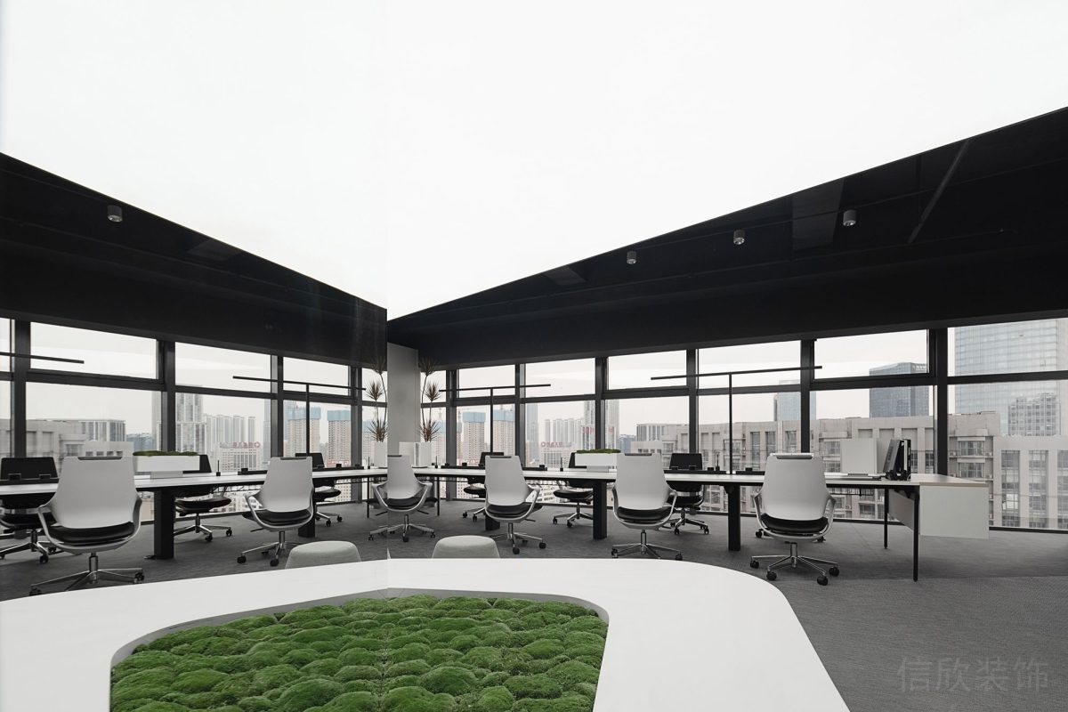 綠化裝修設(shè)計效果白色環(huán)繞式休息區(qū)裝修工位裝修黑白色調(diào)辦公室裝修