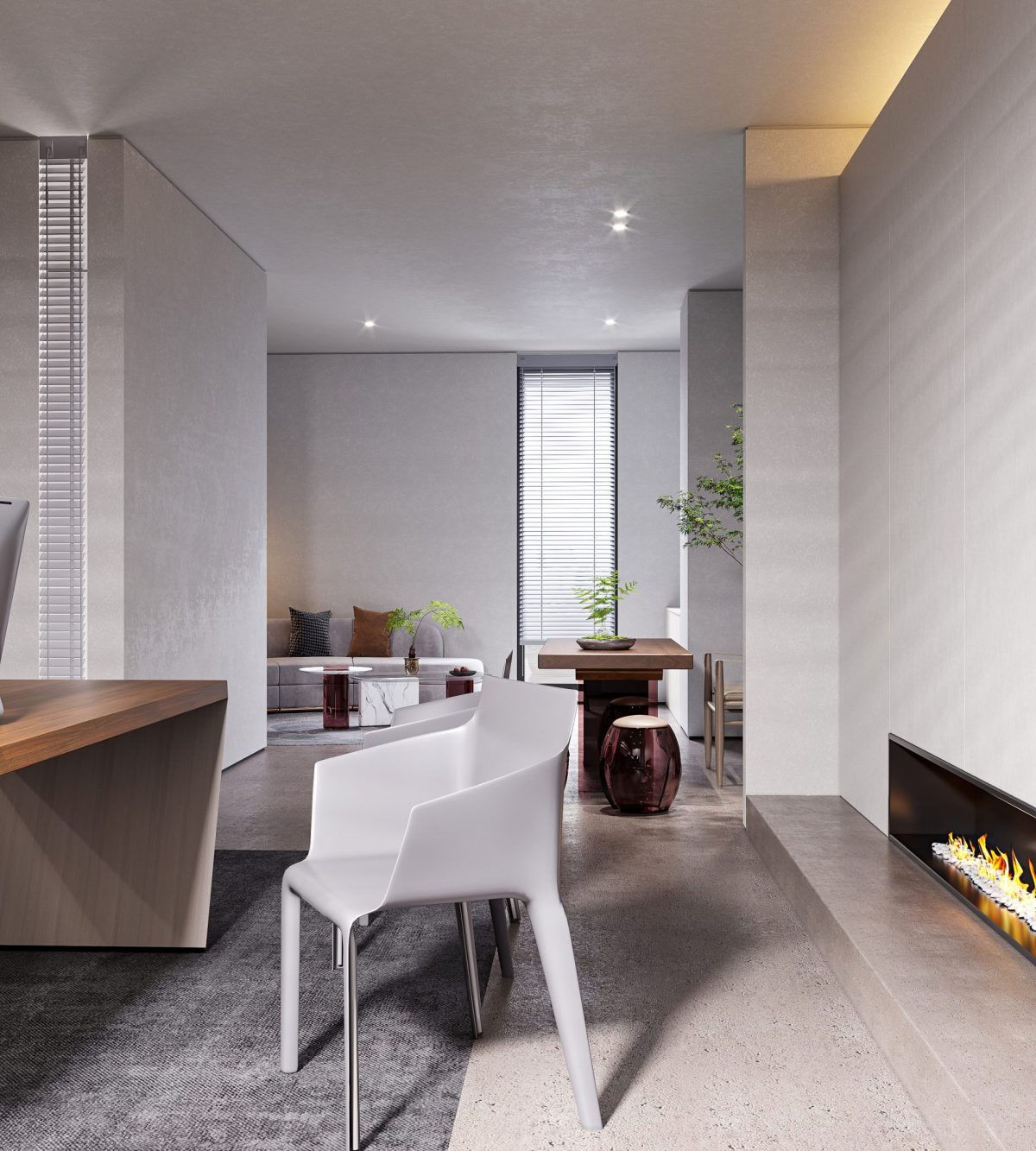 金屬座椅軟裝辦公室裝修設(shè)計效果木飾面工作桌裝修灰色調(diào)墻體效果全屋定制工作室裝修圖