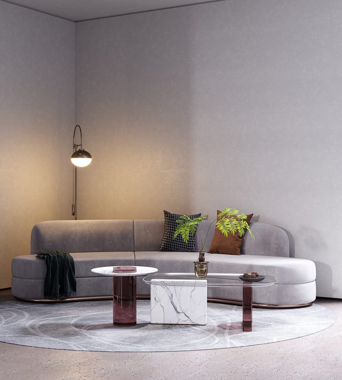 亞克力透色設(shè)計效果環(huán)形灰色調(diào)沙發(fā)現(xiàn)代藝術(shù)感設(shè)計ins風辦公室裝圖