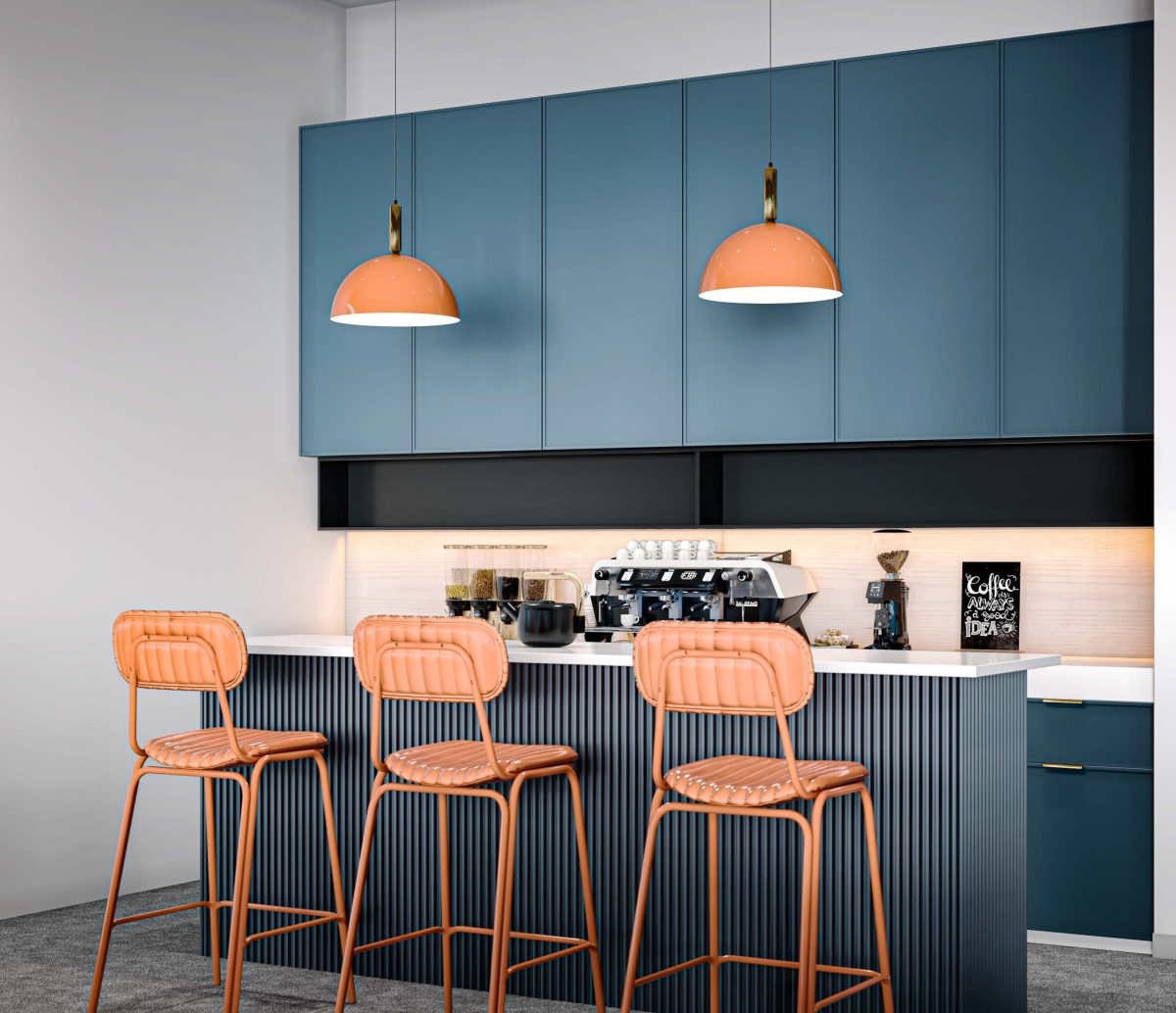 辦公室茶水區(qū)裝修藍(lán)色吧臺(tái)柜